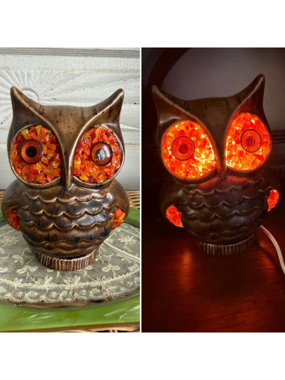 Vintage 1970s Ceramic Owl Small Lamp Big Glow Eyes Orange Gravel Night Light